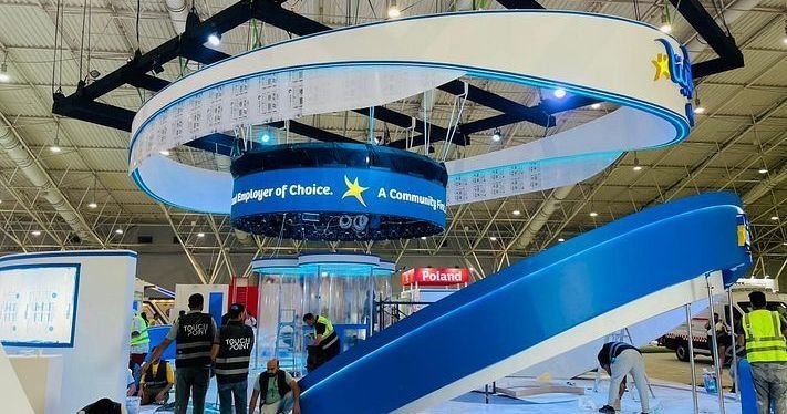 Exhibition stand with suspended circular LED screen
