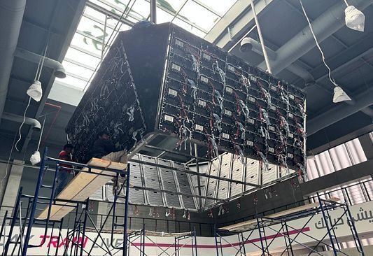 LED cube on its steel support structure during installation